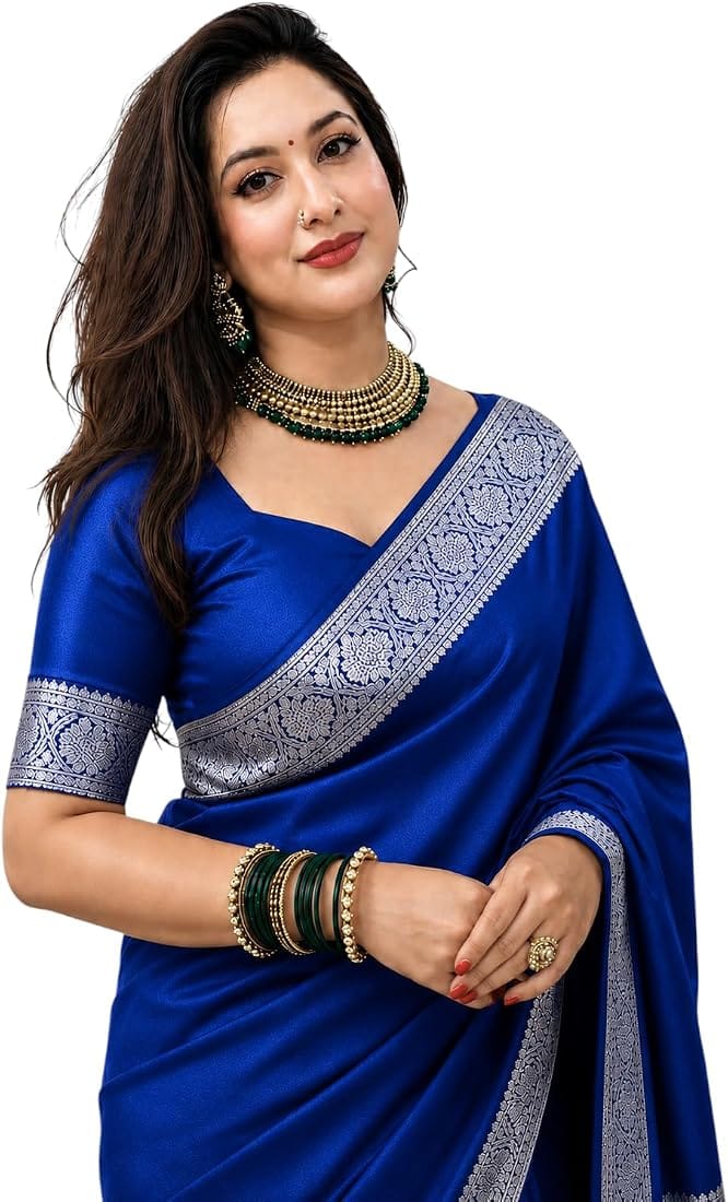 Royal Blue Banarasi Satin Saree with Silver Zari