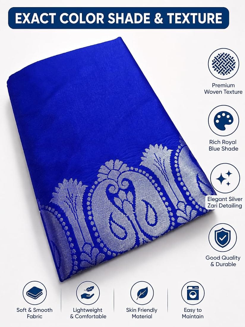 Royal Blue Banarasi Satin Saree with Silver Zari