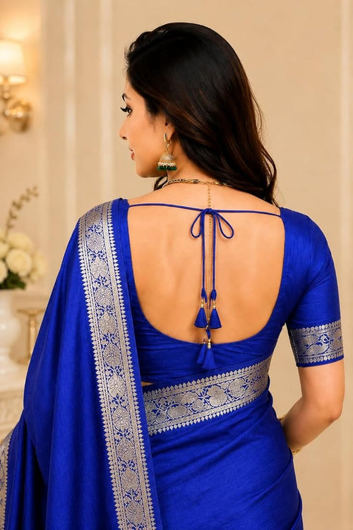 Royal Blue Banarasi Satin Saree with Silver Zari